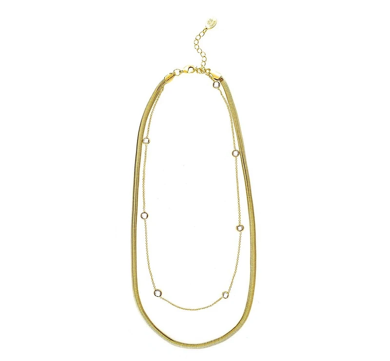 Polished Herringbone Chain & Cubic Zirconia Station Necklace Set