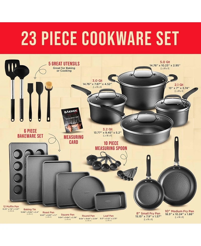 Bakken- Swiss Cookware Set – 23 Piece – Multi-Sized Cooking Pots with Lids, Skillet Fry Pans and Bakeware – Reinforced Pressed Al