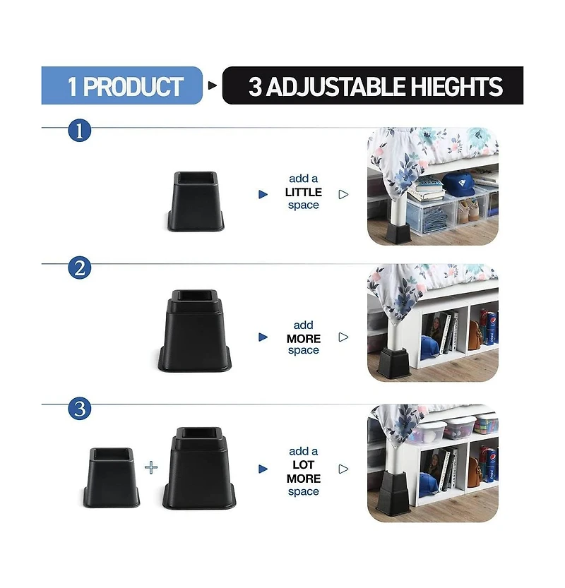Adjustable Stackable Bed Frame Risers for Elevation & Under-Bed Storage - Heavy-Duty Furniture Riser for Table, Couch, Desk, and Chair
