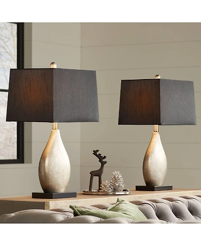 Regency Hill Marco Modern Art Deco Table Lamps 25" High Set of 2 Silver Luxe Black Rectangular Shade for Bedroom Living Room Bedside Nightstand O
