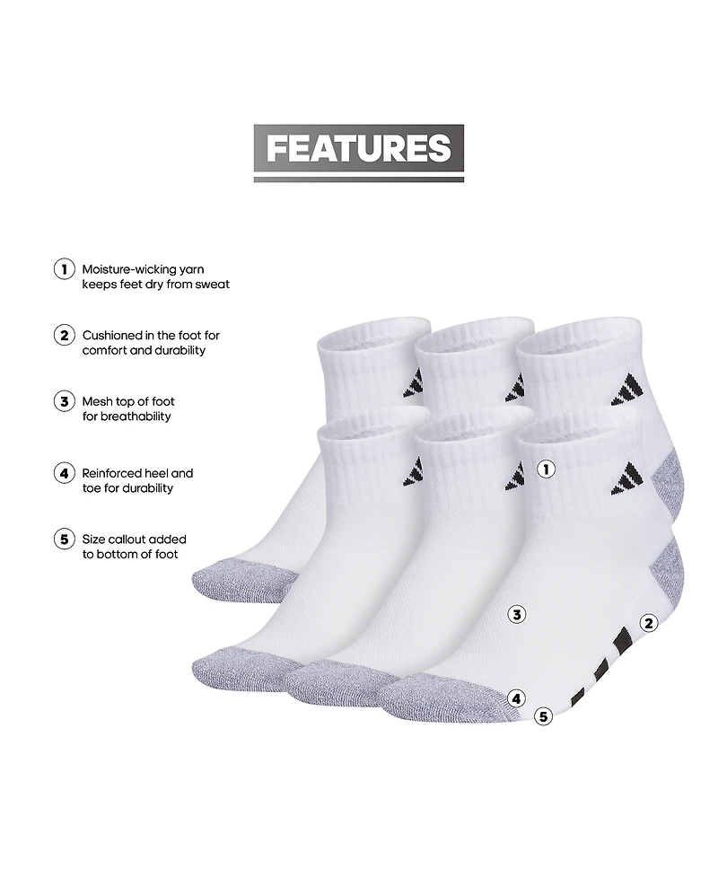 adidas Boys Youth Athletic Cushioned Quarter Socks, Pack of 6