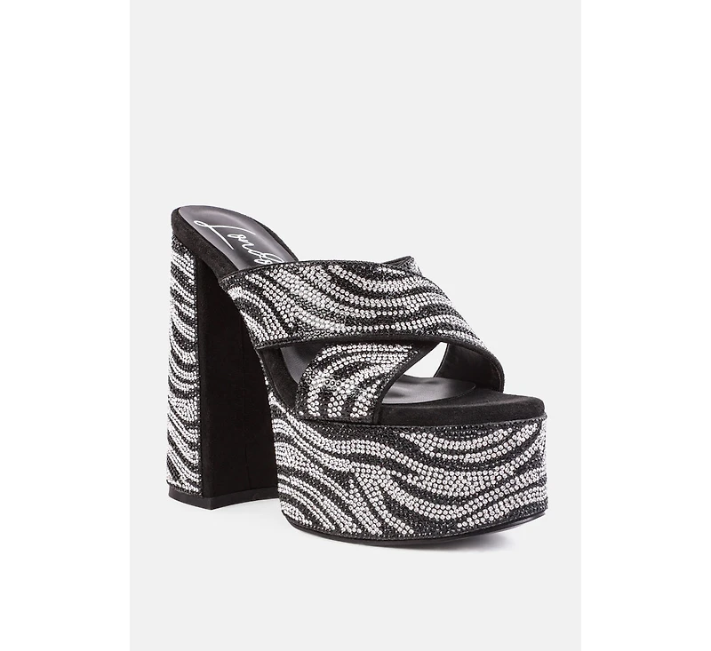 Sinful High Platform Patterned Diamante Slides sandals