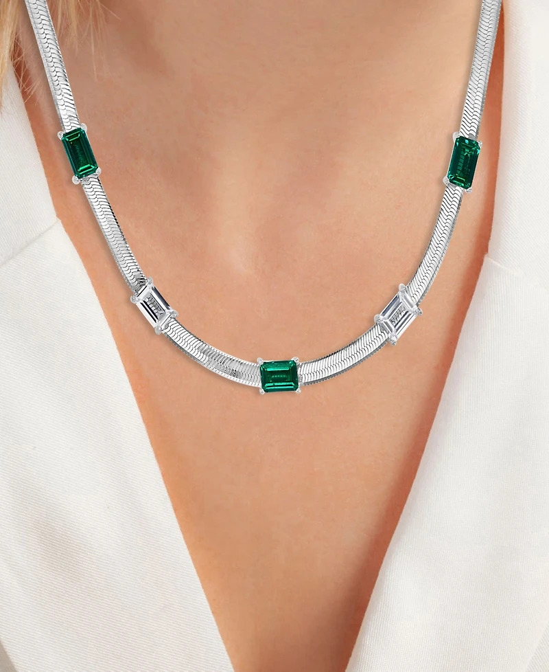 Lab-Grown Emerald (1-3/4 ct. t.w.) & White Sapphire (1-3/8 Herringbone 18" Collar Necklace Sterling Silver (Also B