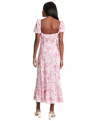London Times Women's Puff-Sleeve Ruched Smocked-Back Empire Midi Dress