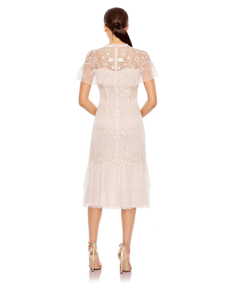 Women's High Neck Mesh Tier Embroidered Dress