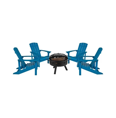 Ayala 5 Piece Outdoor Leisure Set With Of 4 Poly Resin Adirondack Chairs And Star Moon Iron Fire Pit