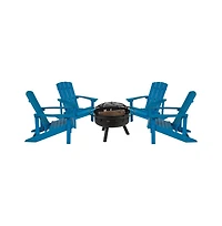 Ayala 5 Piece Outdoor Leisure Set With Of 4 Poly Resin Adirondack Chairs And Star Moon Iron Fire Pit