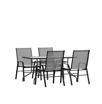 Five Piece Patio Table Set With Metal Table With Tempered Glass Top And 4 Flex Comfort Stacking Chairs