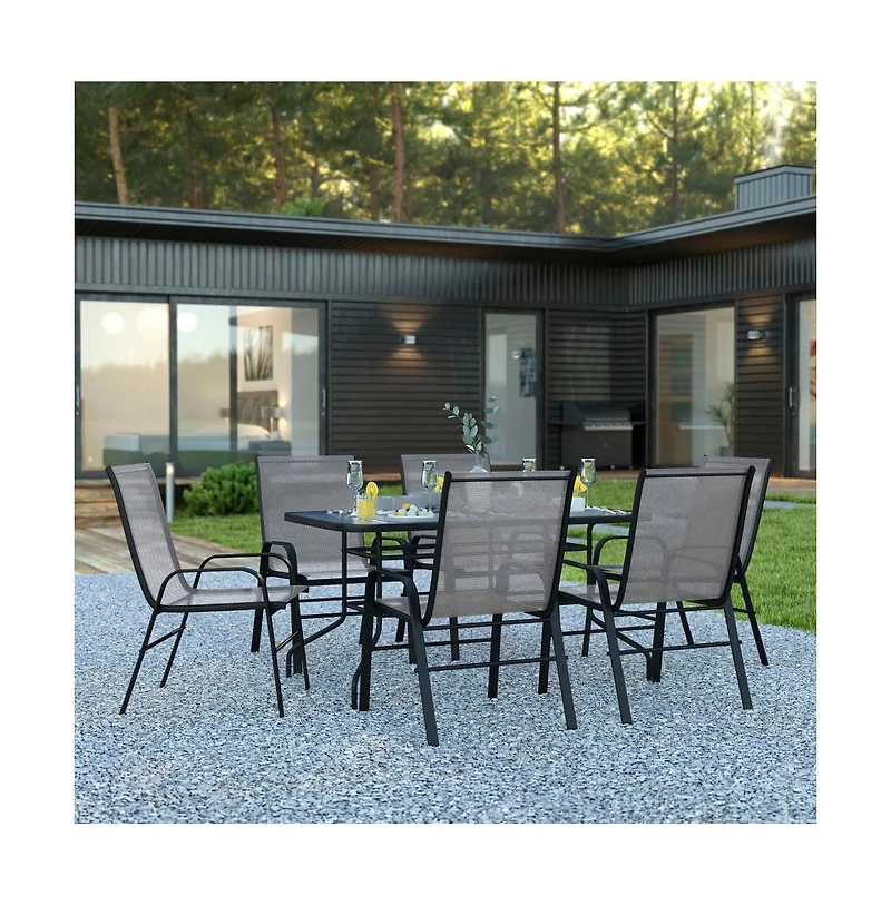 Seven Piece Patio Table Set With Metal Table With Tempered Glass Top And 6 Flex Comfort Stacking Chairs