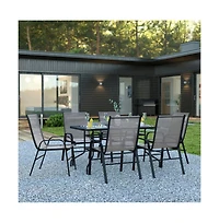 Seven Piece Patio Table Set With Metal Table With Tempered Glass Top And 6 Flex Comfort Stacking Chairs