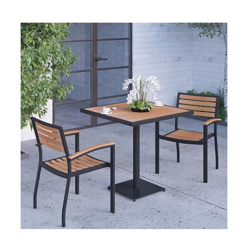 Alani Three Piece Faux Teak Patio Dining Set For Indoor And Outdoor Use - Square Table And Two Club Chairs With Arms