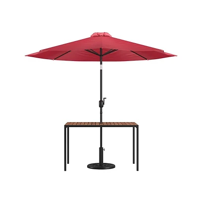 Outdoor Powder Coated Steel Dining Table With Faux Teak Poly Slat Top, 9' Patio Umbrella And Base