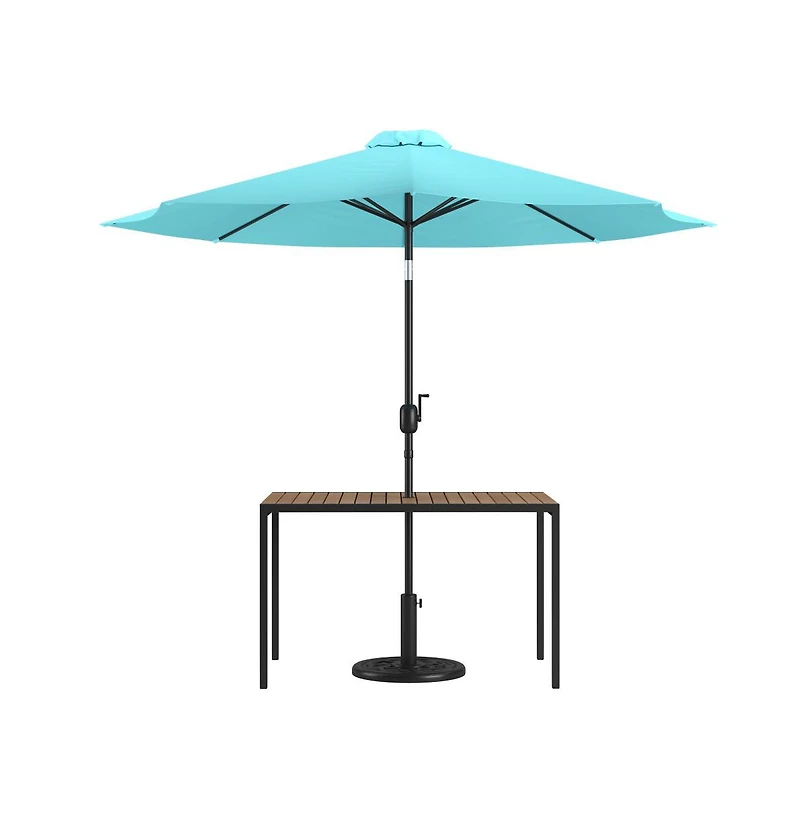 Outdoor Powder Coated Steel Dining Table With Faux Teak Poly Slat Top, 9' Patio Umbrella And Base