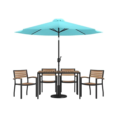 Chara 7 Piece Dining Set With Umbrella & Base - Steel Framed Table With Umbrella Hole & 4 Club Chairs
