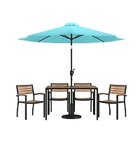 Chara 7 Piece Dining Set With Umbrella & Base - Steel Framed Table With Umbrella Hole & 4 Club Chairs