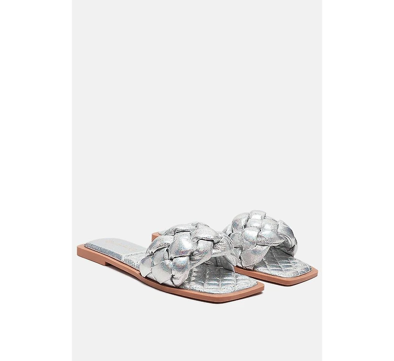 Marcue Patent Pu Quilted Slides Woven Straps