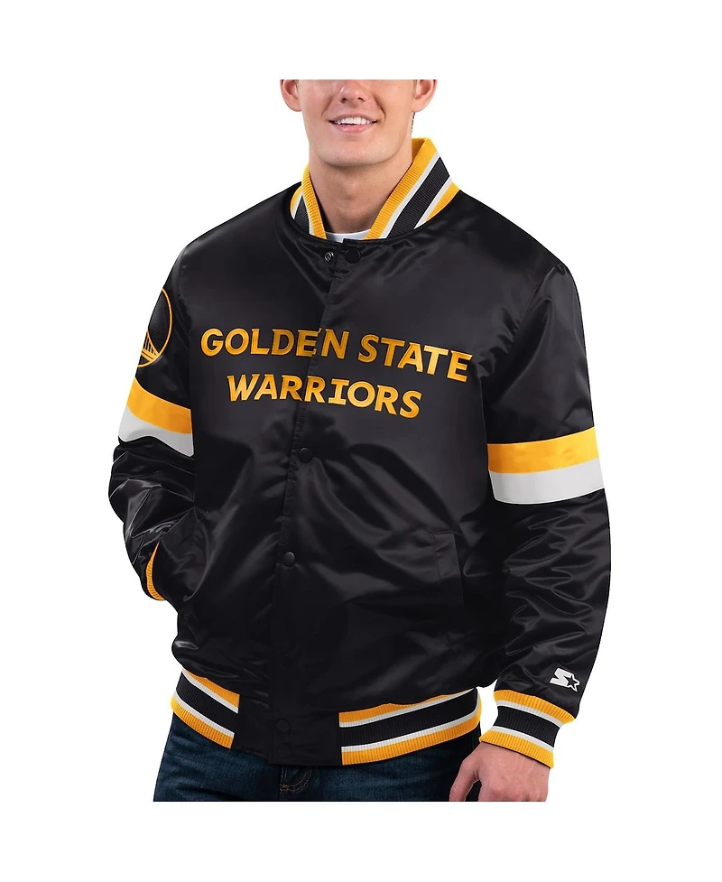 Men's Starter Black Golden State Warriors Home Game Satin Full-Snap Varsity Jacket
