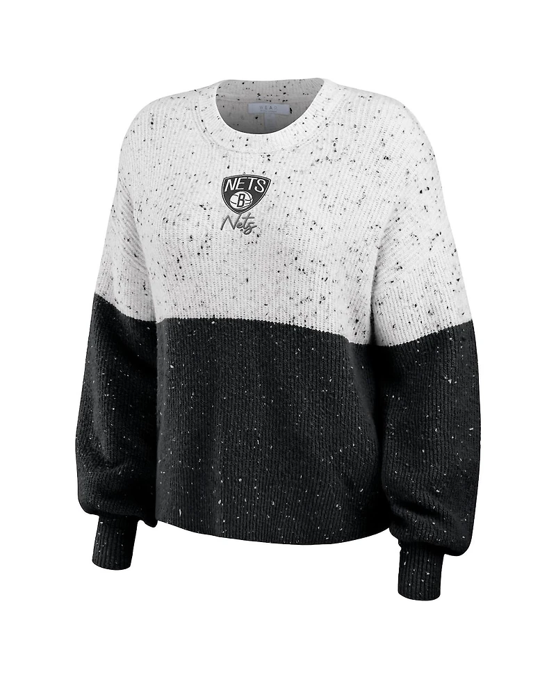 Women's Wear by Erin Andrews White, Black Brooklyn Nets Color-Block Pullover Sweater