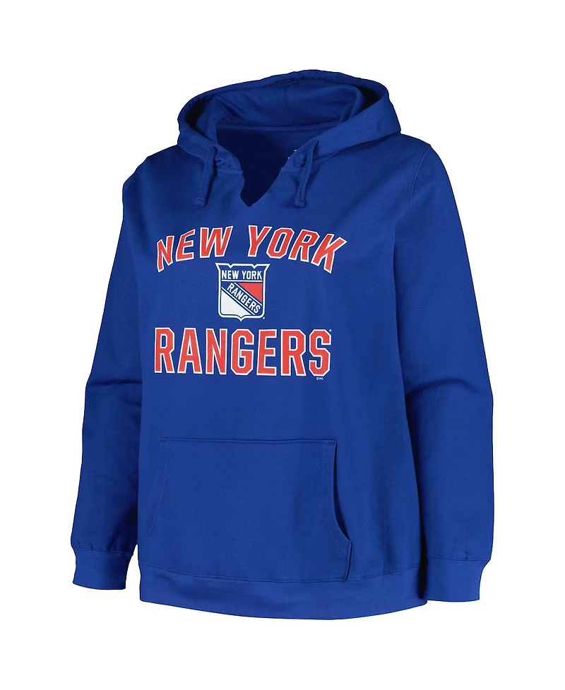 Women's Profile Blue New York Rangers Plus Size Arch Over Logo Pullover Hoodie