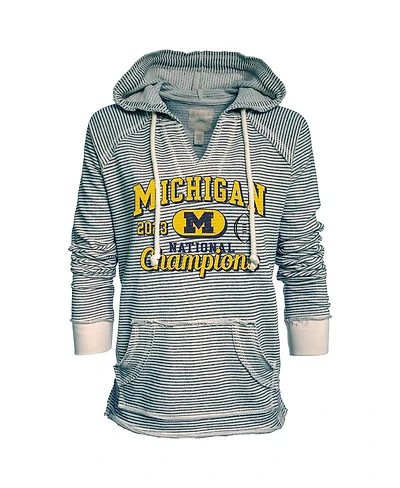 Women's Blue 84 Navy Michigan Wolverines College Football Playoff 2023 National Champions Striped French Terry V-Neck Pullover Hoodie