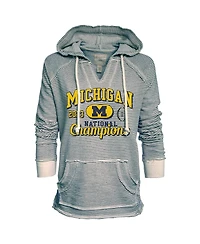 Women's Blue 84 Navy Michigan Wolverines College Football Playoff 2023 National Champions Striped French Terry V-Neck Pullover Hoodie