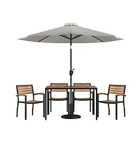Chara 7 Piece Dining Set With Umbrella & Base - Steel Framed Table Hole 4 Club Chairs