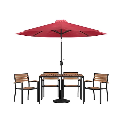Chara 7 Piece Dining Set With Umbrella & Base - Steel Framed Table With Umbrella Hole & 4 Club Chairs