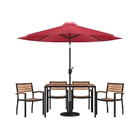 Chara 7 Piece Dining Set With Umbrella & Base - Steel Framed Table Hole 4 Club Chairs