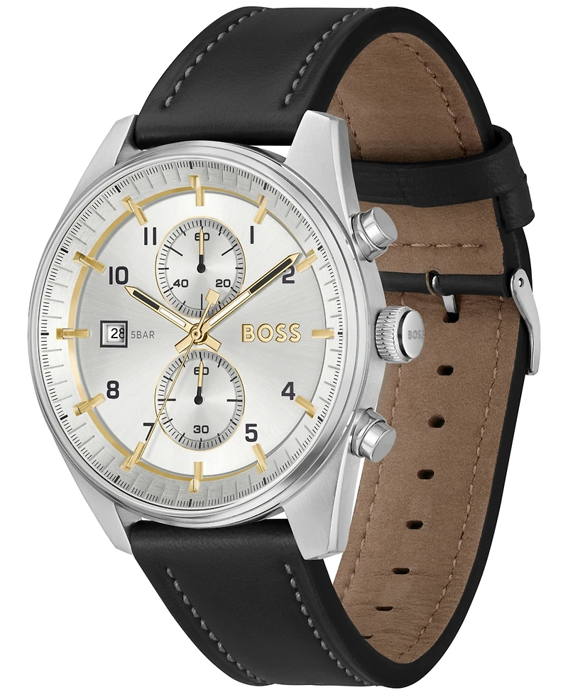 Hugo Boss Men's Skytraveller Quartz Fashion Chrono Black Leather Watch 44mm