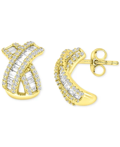 Cubic Zirconia Round & Baguette Crossover Curved Stud Earrings Sterling Silver