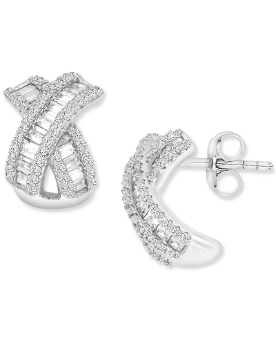 Cubic Zirconia Round & Baguette Crossover Curved Stud Earrings in Sterling Silver