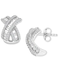 Cubic Zirconia Round & Baguette Crossover Curved Stud Earrings in Sterling Silver