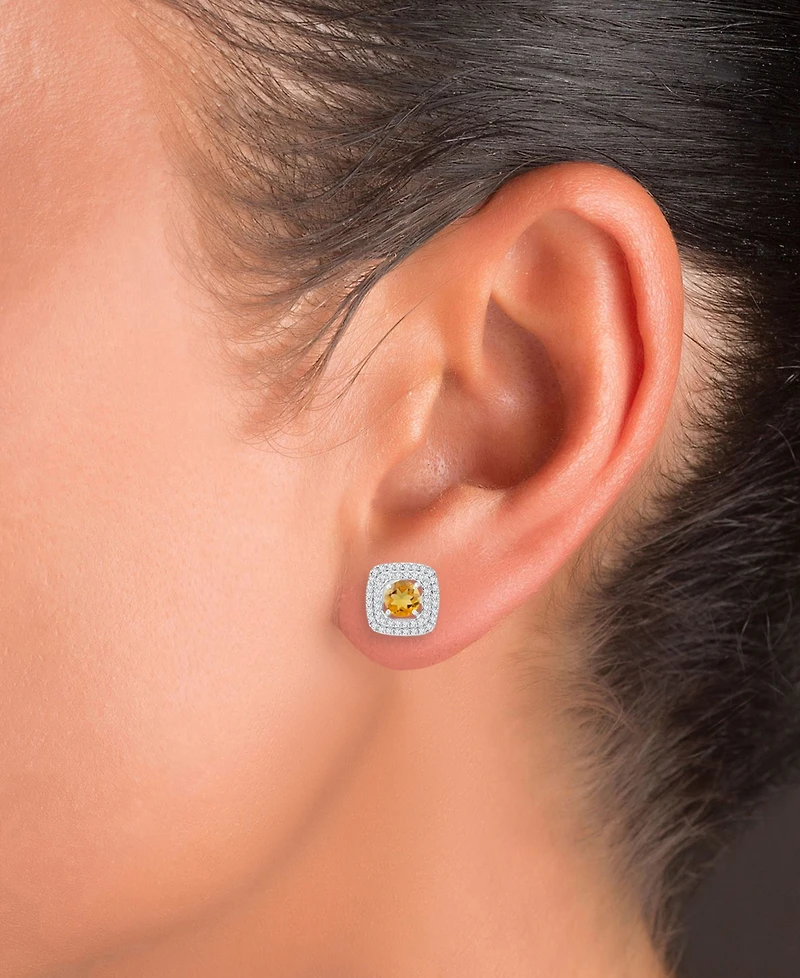 2-Pc. Set Citrine (2-5/8 ct. t.w.) & Lab-Grown White Sapphire (7/8 ct. t.w.) Square Halo Pendant Necklace & Matching Stud Earrings in Sterling Silver