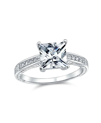 Bling Jewelry Classic Cubic Zirconia 3CT Square Cz Princess Cut Solitaire Promise Ring Sterling Silver Milgrain Pave Band