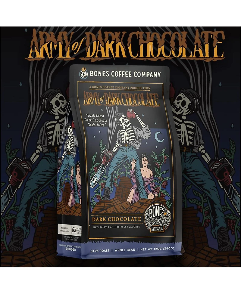 Whole Bean Coffee | 12 oz Medium Roast Arabica Low Acid Flavored Coffee | Dark Chocolate Flavor | Bones Coffee Company