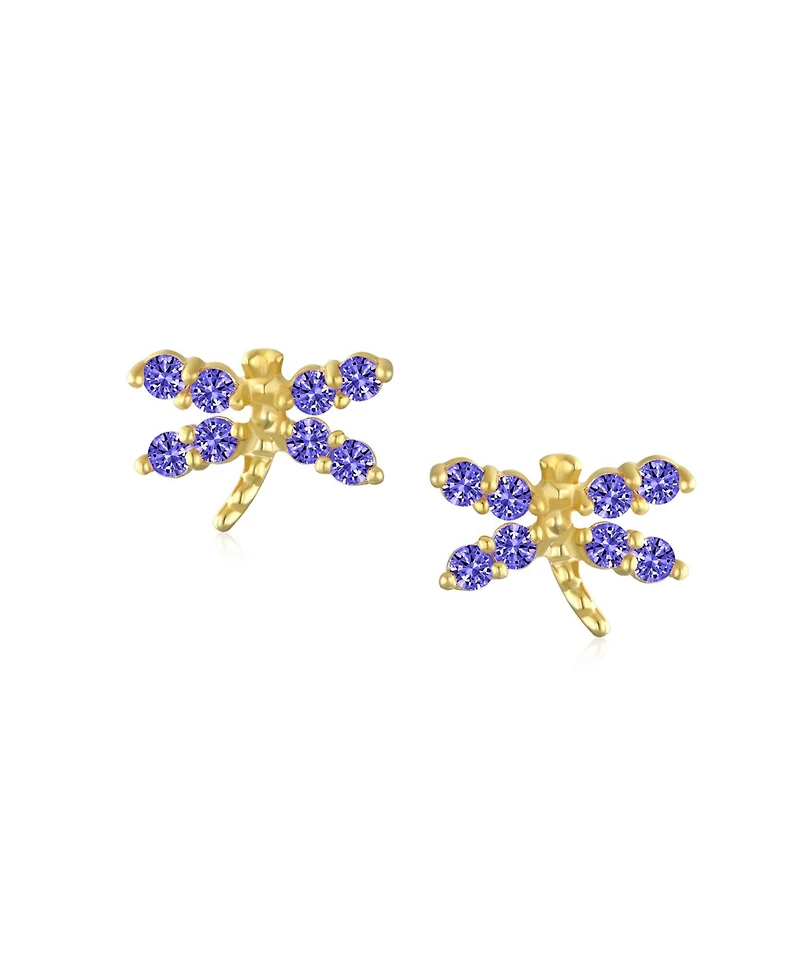 Bling Jewelry Cz Tiny Cubic Zirconia Royal Blue Royal Blue Cz Dragonfly Firefly Butterfly Stud Earrings14K Yellow Gold Screw back
