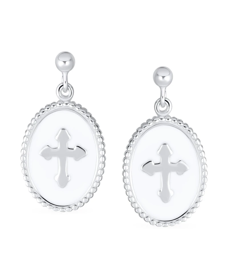 Bling Jewelry Christian Religious Spiritual White Enamel Oval Fleur De Lis Dangle Cross Earrings Sterling Silver
