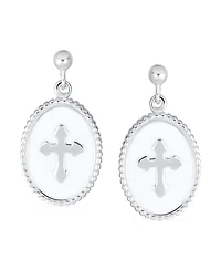 Bling Jewelry Christian Religious Spiritual White Enamel Oval Fleur De Lis Dangle Cross Earrings Sterling Silver