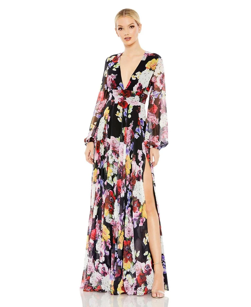 Women's Ieena Floral Print Illusion Long Sleeve V Neck Gown