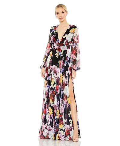 Women's Ieena Floral Print Illusion Long Sleeve V Neck Gown