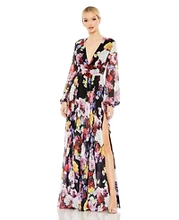 Women's Ieena Floral Print Illusion Long Sleeve V Neck Gown