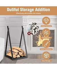 Triangle Firewood Rack with Raised Base for Fireplace Fire Pit-Black