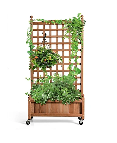 50 Inch Wood Planter Box with Trellis Mobile Raised Bed for Climbing Plant