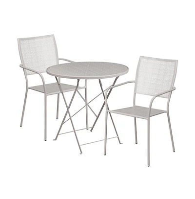 Commercial Grade 30" Round Metal Folding Patio Table Set W/ 2 Square Back Chairs