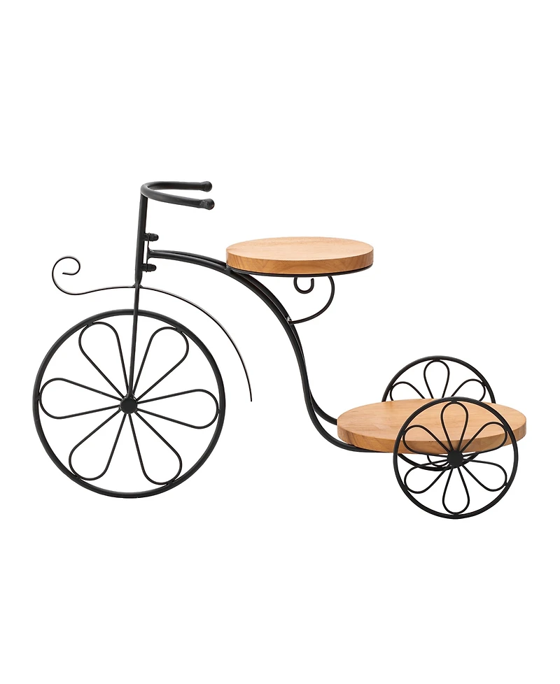 Glitzhome 18" L Metal Tricycle Planter Stand with Natural Solid Wood Tray