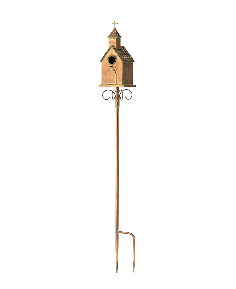 Glitzhome 53"H Farmhouse Faux Copper Distressed Metal Church Outdoor Decorative Garden Birdhouse with Stake
