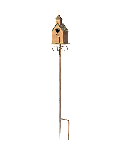 Glitzhome 53"H Farmhouse Faux Copper Distressed Metal Church Outdoor Decorative Garden Birdhouse with Stake