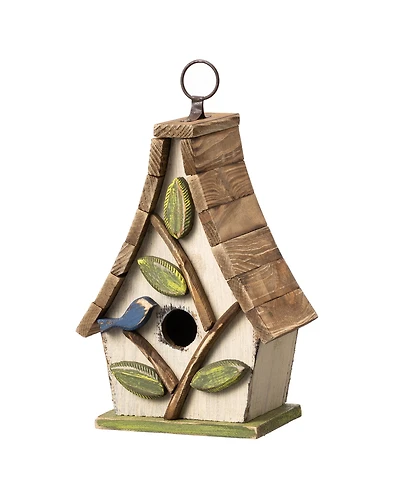Glitzhome 9.5" H Washed White Distressed Solid Wood Decorative Outdoor Garden Birdhouse with Natural Wood Pallet Roof and 3D Tree