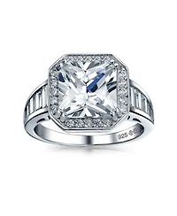 Bling Jewelry Art Deco Style 5CT Cz Side Baguette Stones Halo Square Promise Solitaire Ring .925 Sterling Silver