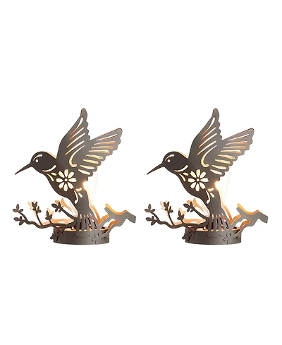 Glitzhome 9.75" H Set of 2 Black and Gold-Tone Metal Cutout Flying Hummingbird Silhouette Solar Powered Edison Bulb Outdoor Lantern